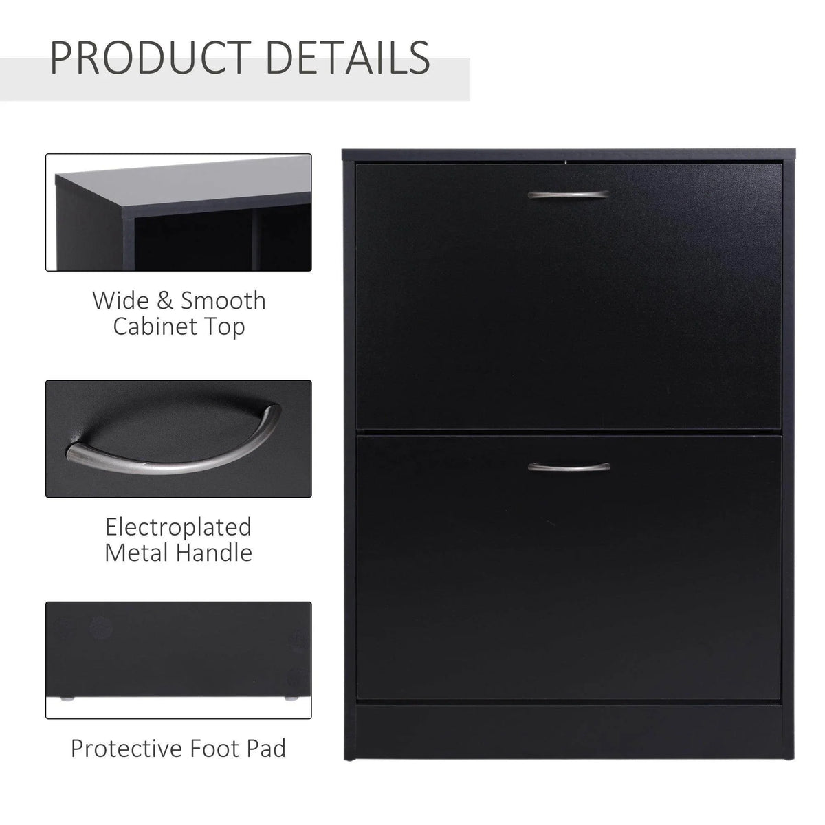 Black shoe cabinet details: smooth top, electroplated metal handle, protective foot pads