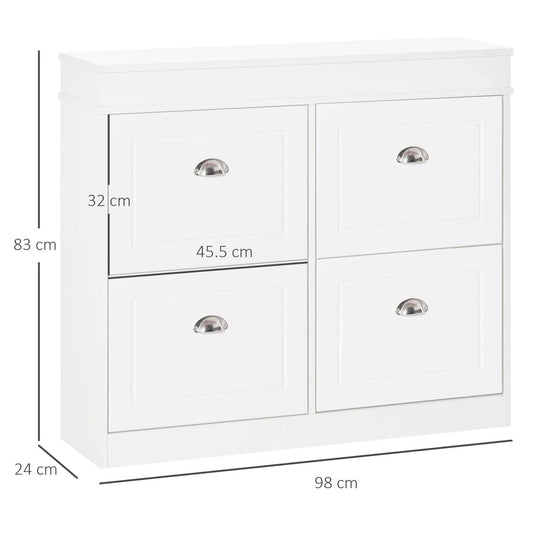 White shoe cabinet organizer with four flip drawers and round metal handles