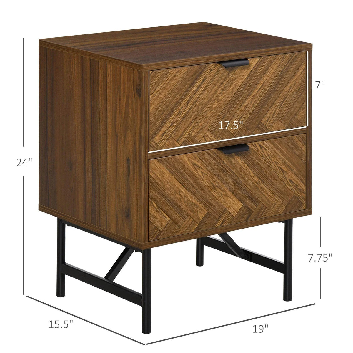 Walnut side cabinet with 2 drawers and black metal legs; diagonal wood pattern