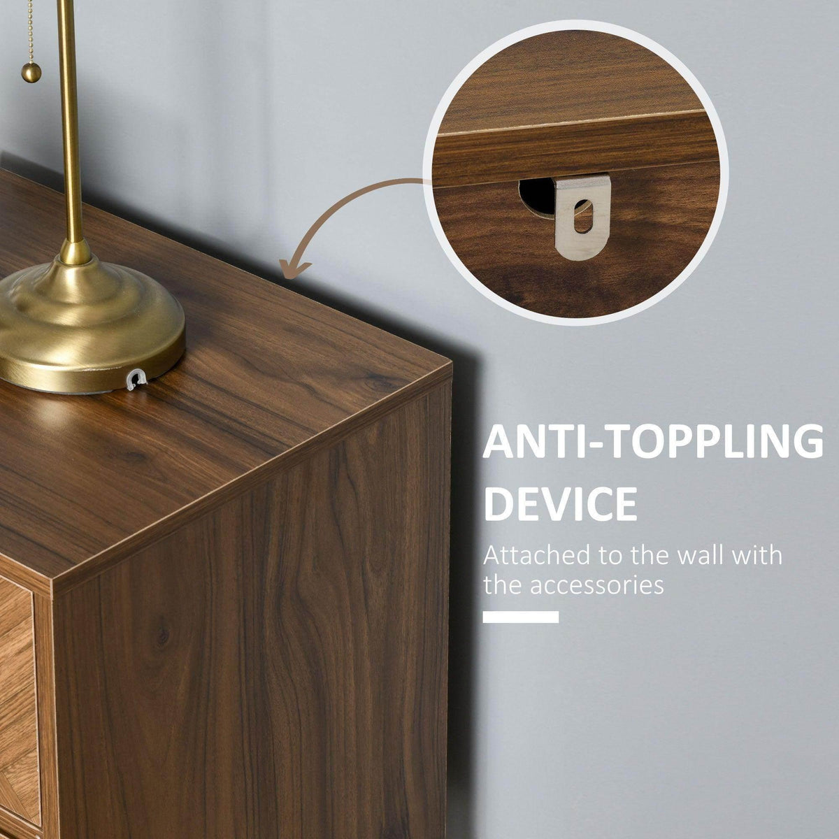 Walnut side cabinet corner with anti-tip wall bracket detail