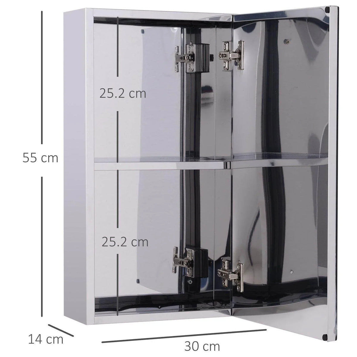 Chrome bathroom medicine cabinet with mirrored doors, 55cm height, 30cm width, 14cm depth, two shelves