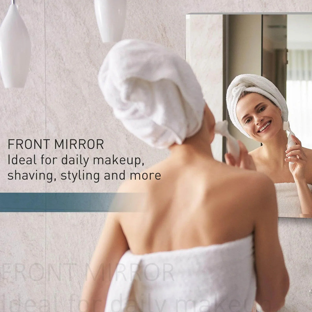 Woman using front mirror for daily makeup and skincare routine in bathroom