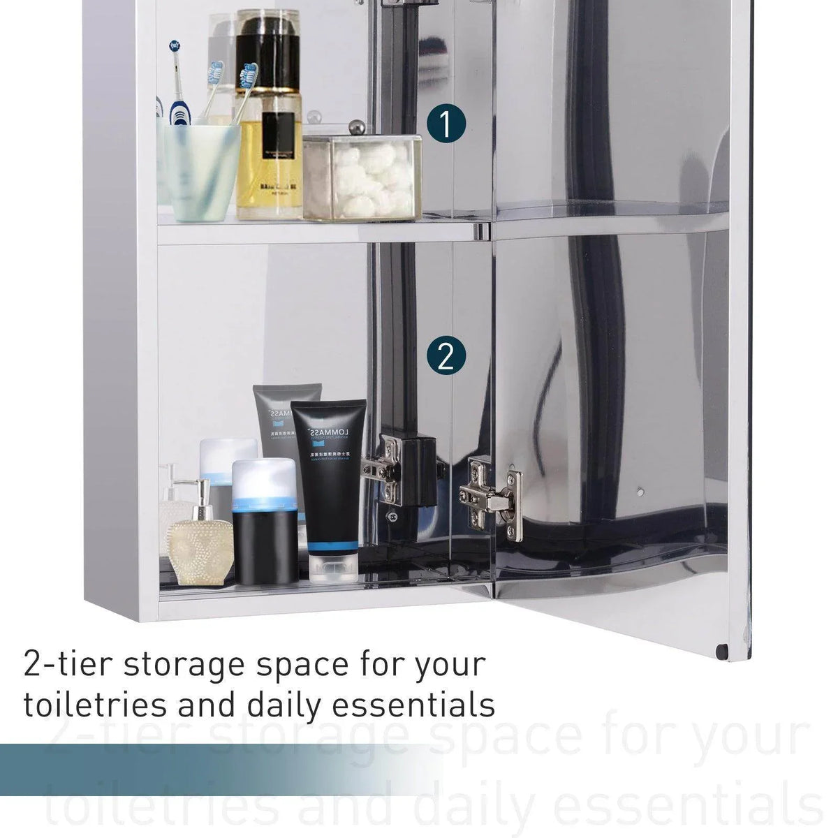 2-tier bathroom cabinet with mirrored doors storing toiletries and daily essentials