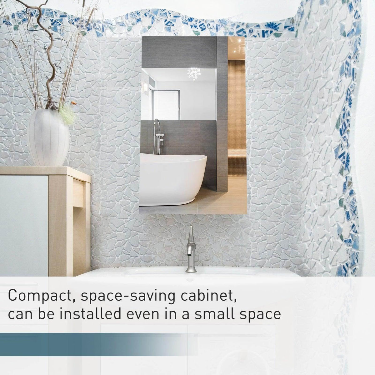 Compact space-saving bathroom cabinet with mosaic tile wall and modern sink