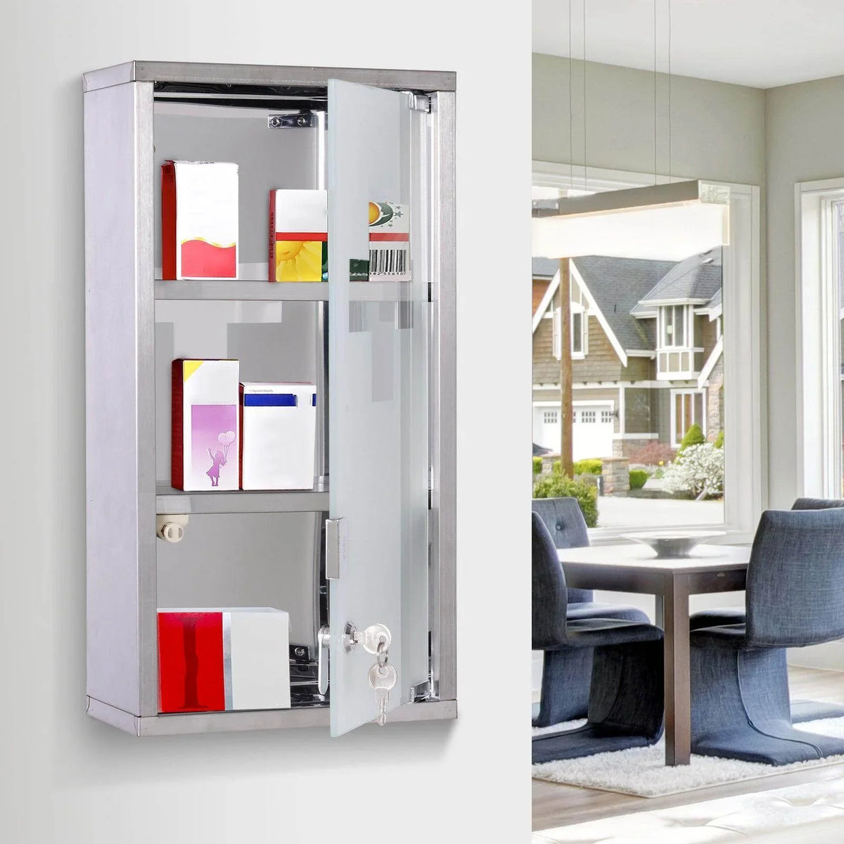 Stainless steel wall cabinet with glass door, storing colorful boxes in a modern dining room setting.