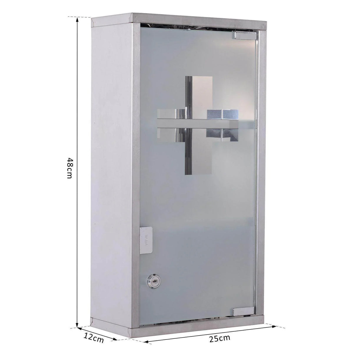Modern 48cm tall wall-mounted cabinet with frosted glass door, chrome cross design, and lock for home or garden storage