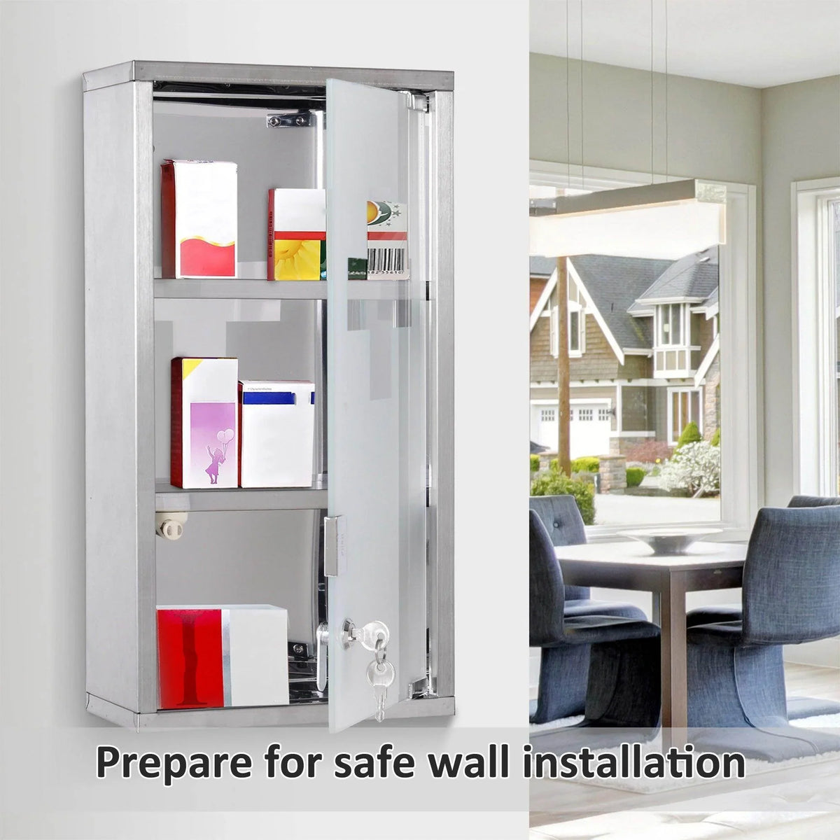 Wall-mounted medicine cabinet with glass door, secure lock, and organized shelves for home use