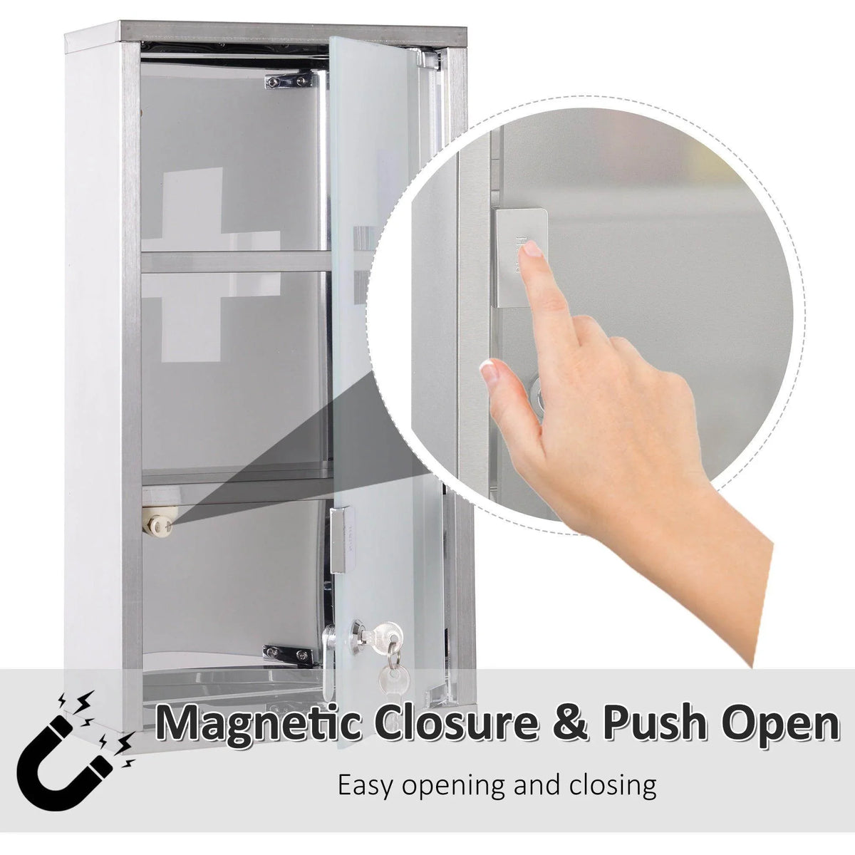 Stainless steel medicine cabinet with magnetic push-open closure, easy access for home bathroom storage