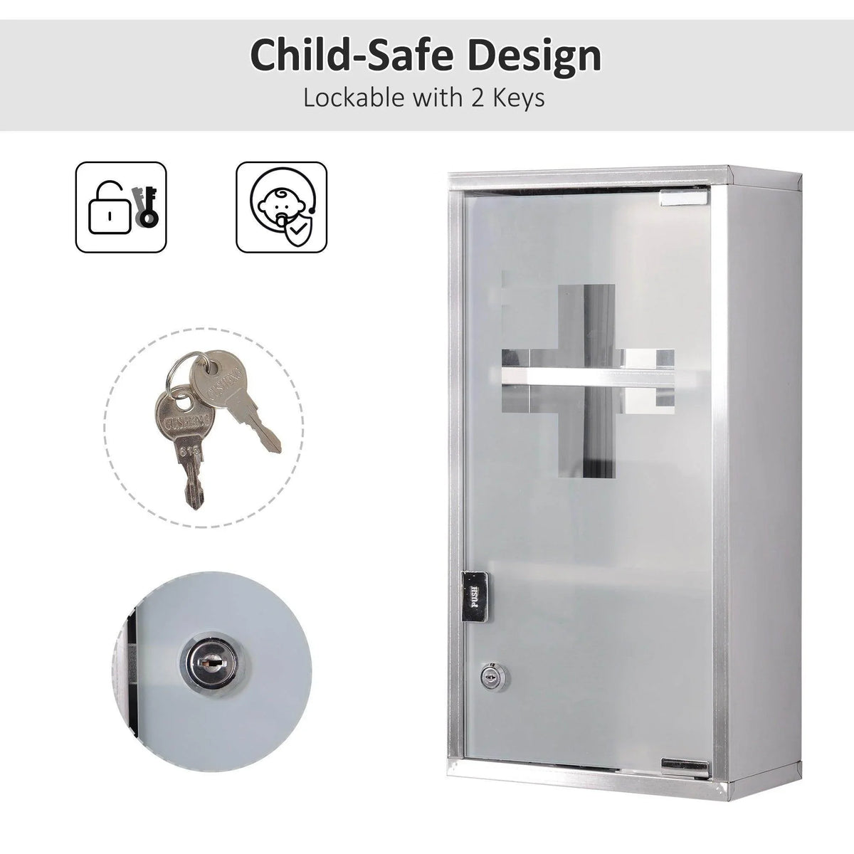 Child-safe lockable medicine cabinet with 2 keys, frosted glass door, and secure key lock for home safety.