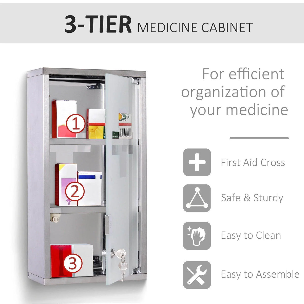 3-tier medicine cabinet with glass door, key lock, and organized shelves for home first aid storage