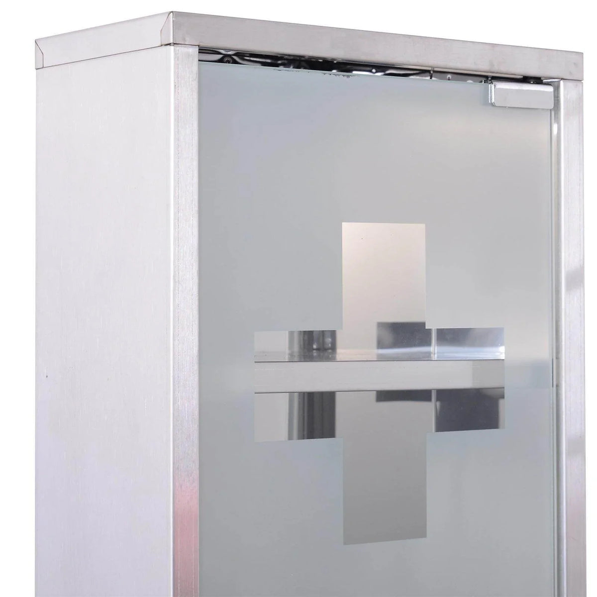 Modern stainless steel medicine cabinet with frosted glass door and geometric design