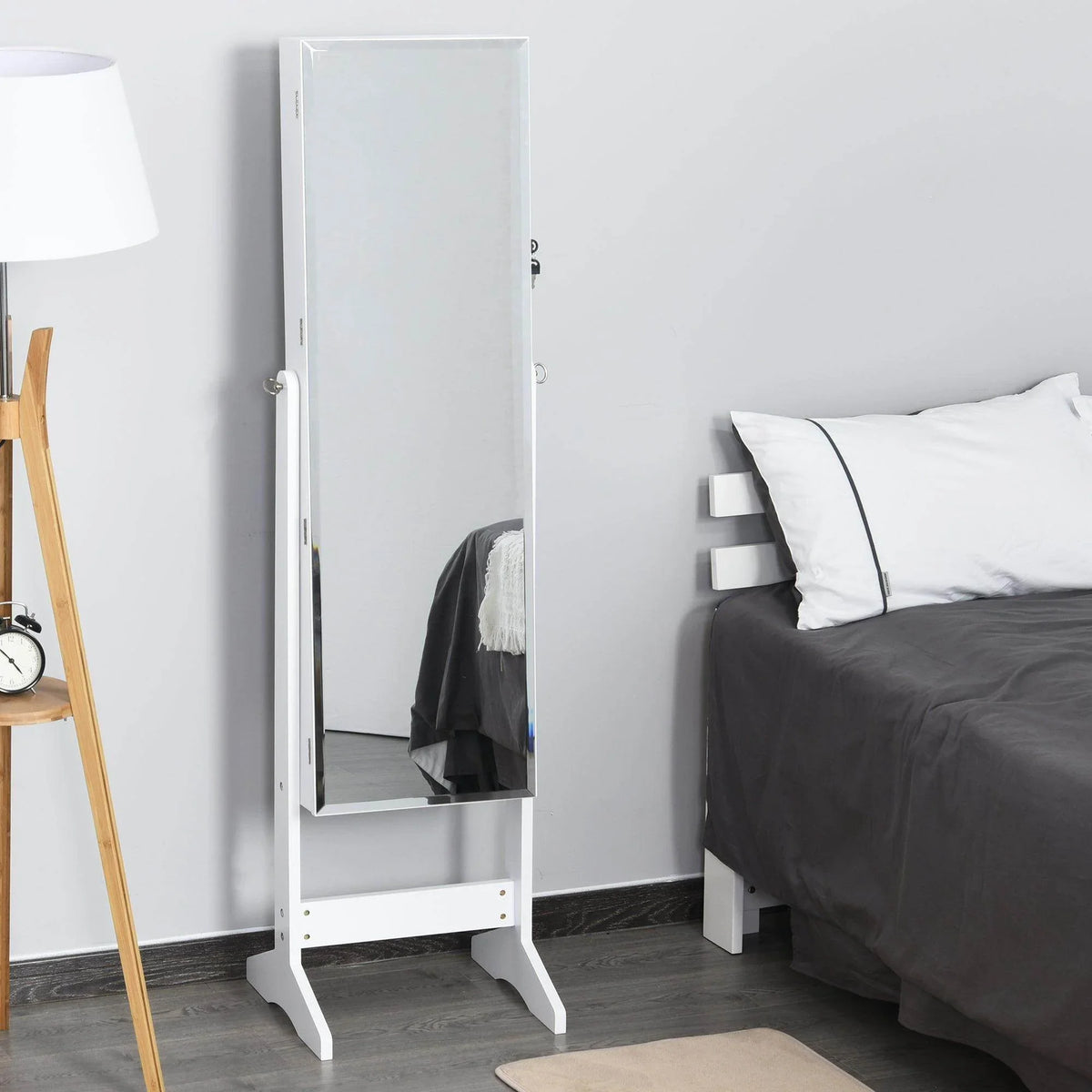 HOMCOM white standing mirror jewelry cabinet with open mirror and storage interior