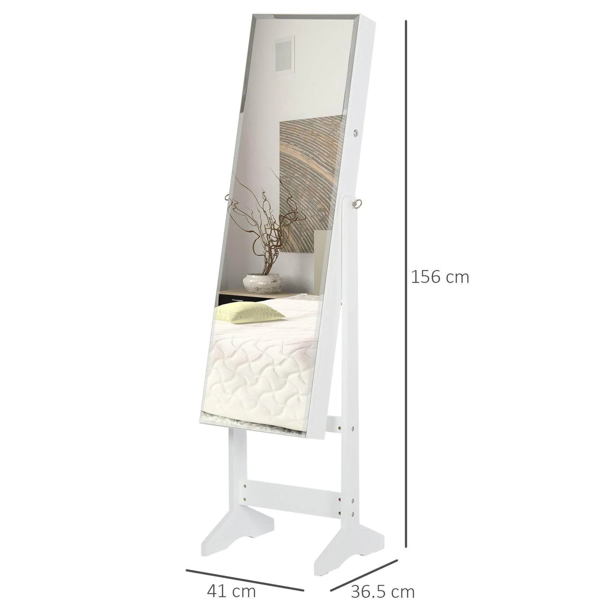 White standing mirror jewelry cabinet, full height view with hinged mirror and base