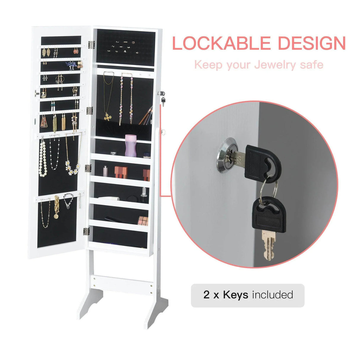 White lockable jewelry cabinet with open door and visible key lock on frame
