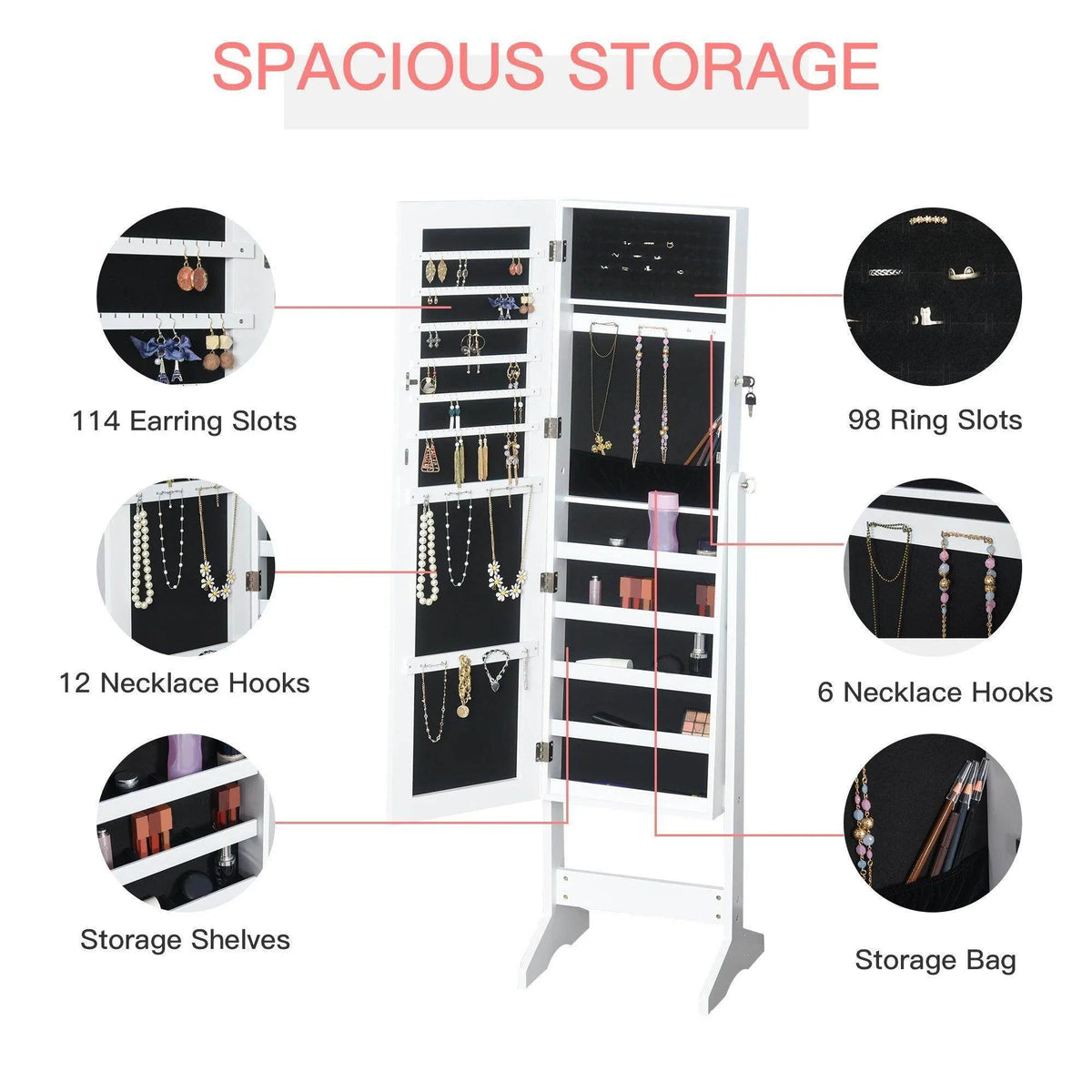 White standing jewelry cabinet organizer with multiple earring and ring storage sections