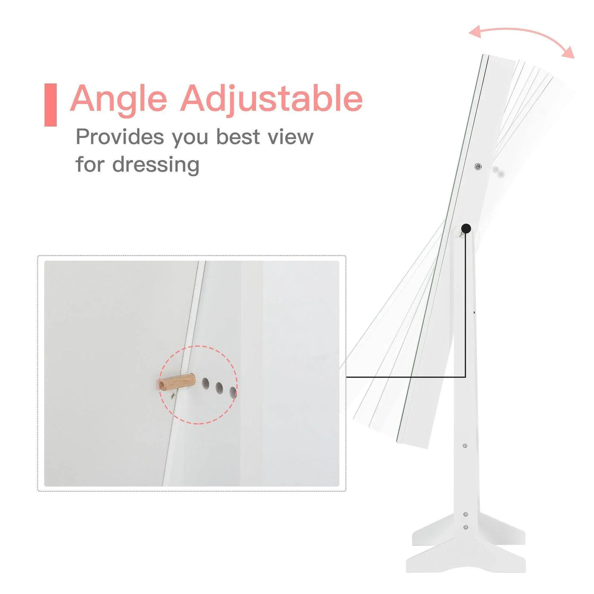 Angle-adjustable white standing mirror jewelry cabinet for best viewing while dressing