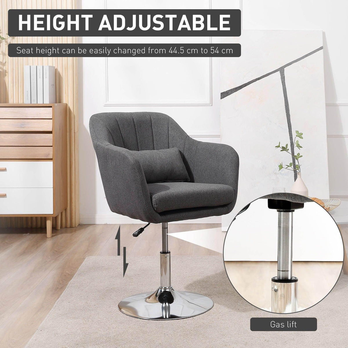 Dark grey swivel tub chair showing height-adjust gas lift and chrome base