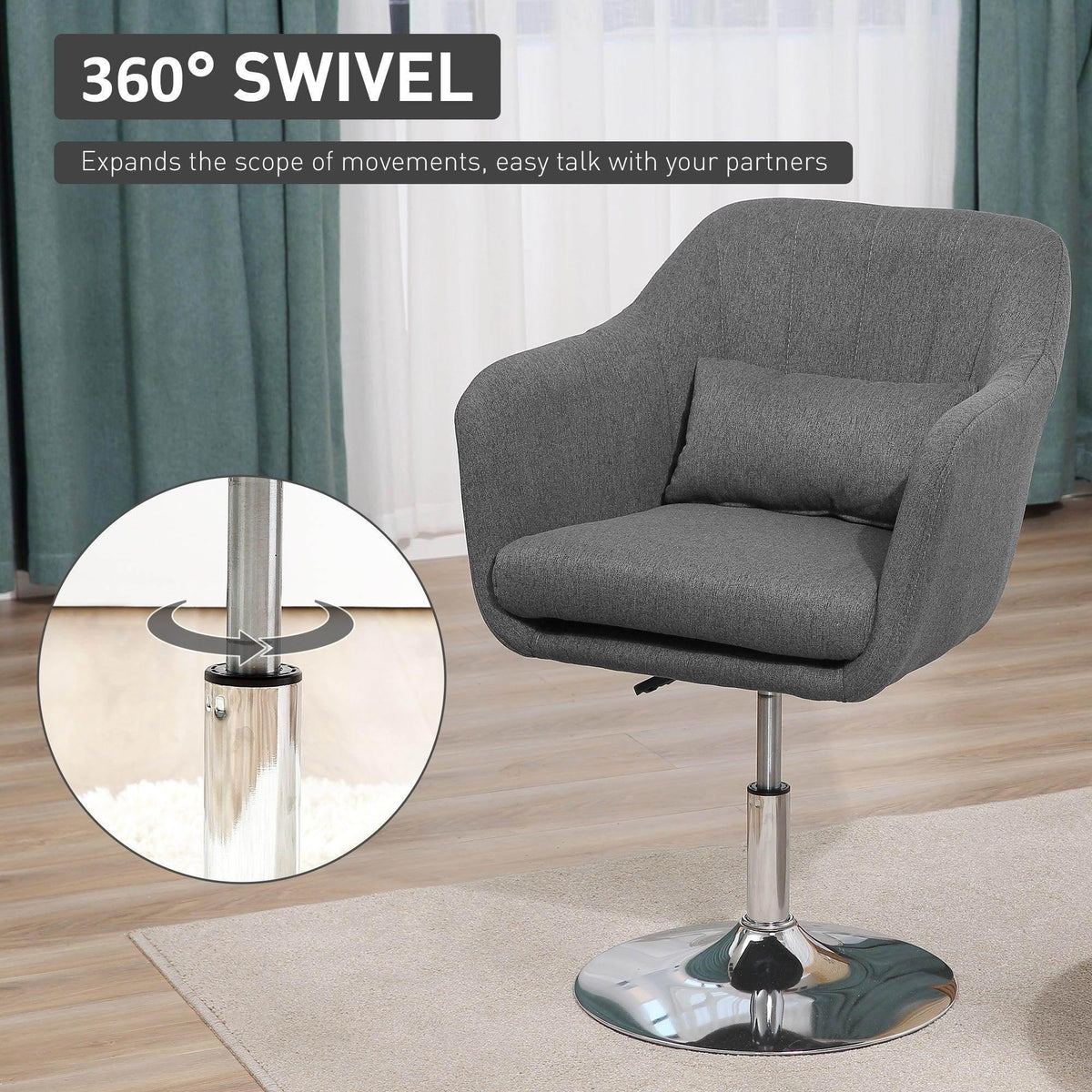 Dark grey swivel tub chair with rounded backrest and chrome pedestal base