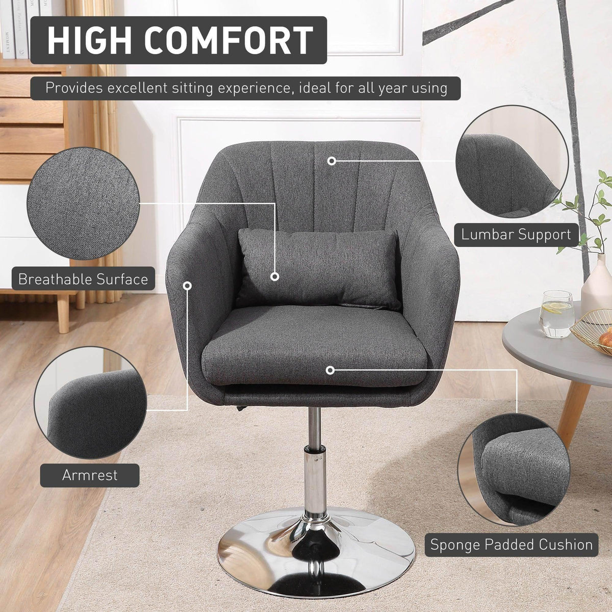 Dark grey swivel tub chair with sponge-padded seat, armrests, and chrome base