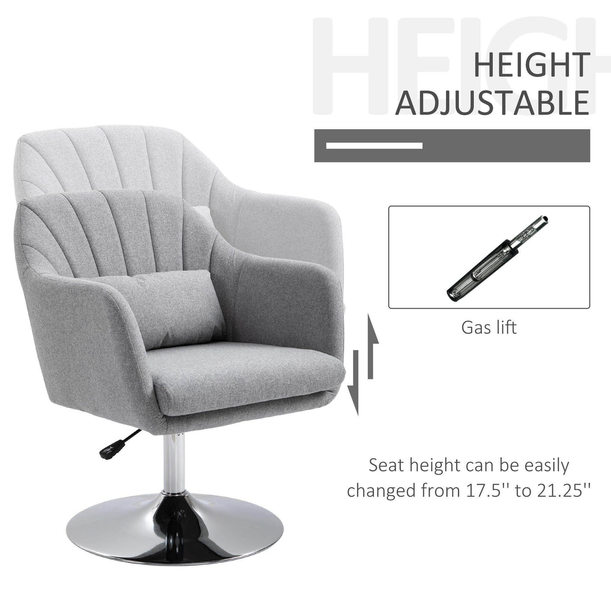 Light grey swivel tub chair with channel-tufted back, padded seat, and gas-lift stand
