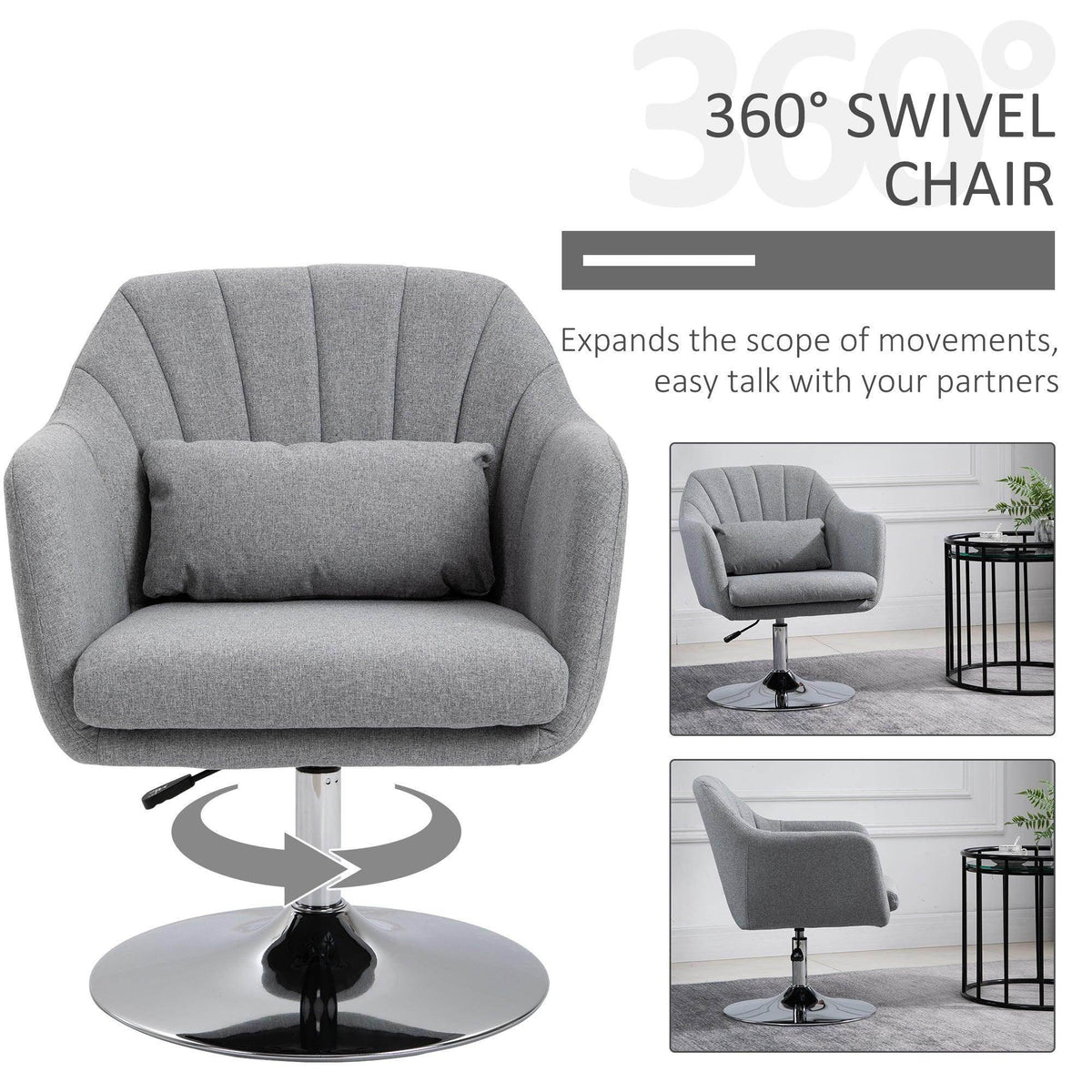 Light grey swivel tub chair with 360-degree rotating round pedestal base and padded armrests