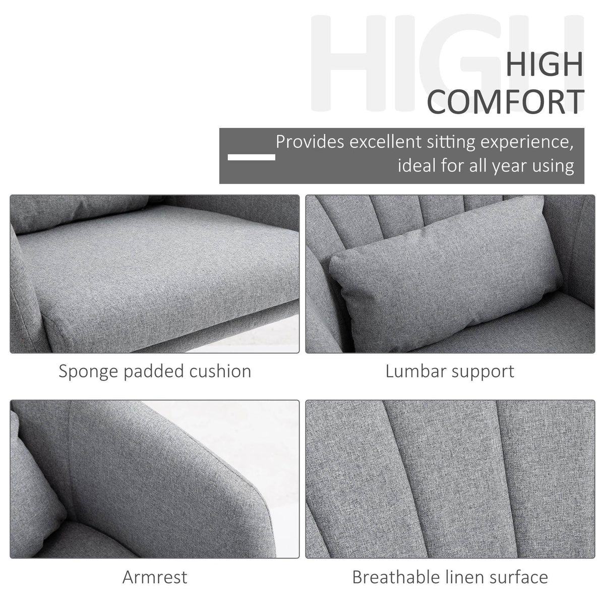 Light grey tub chair with sponge-padded seat, lumbar support panel, and breathable fabric