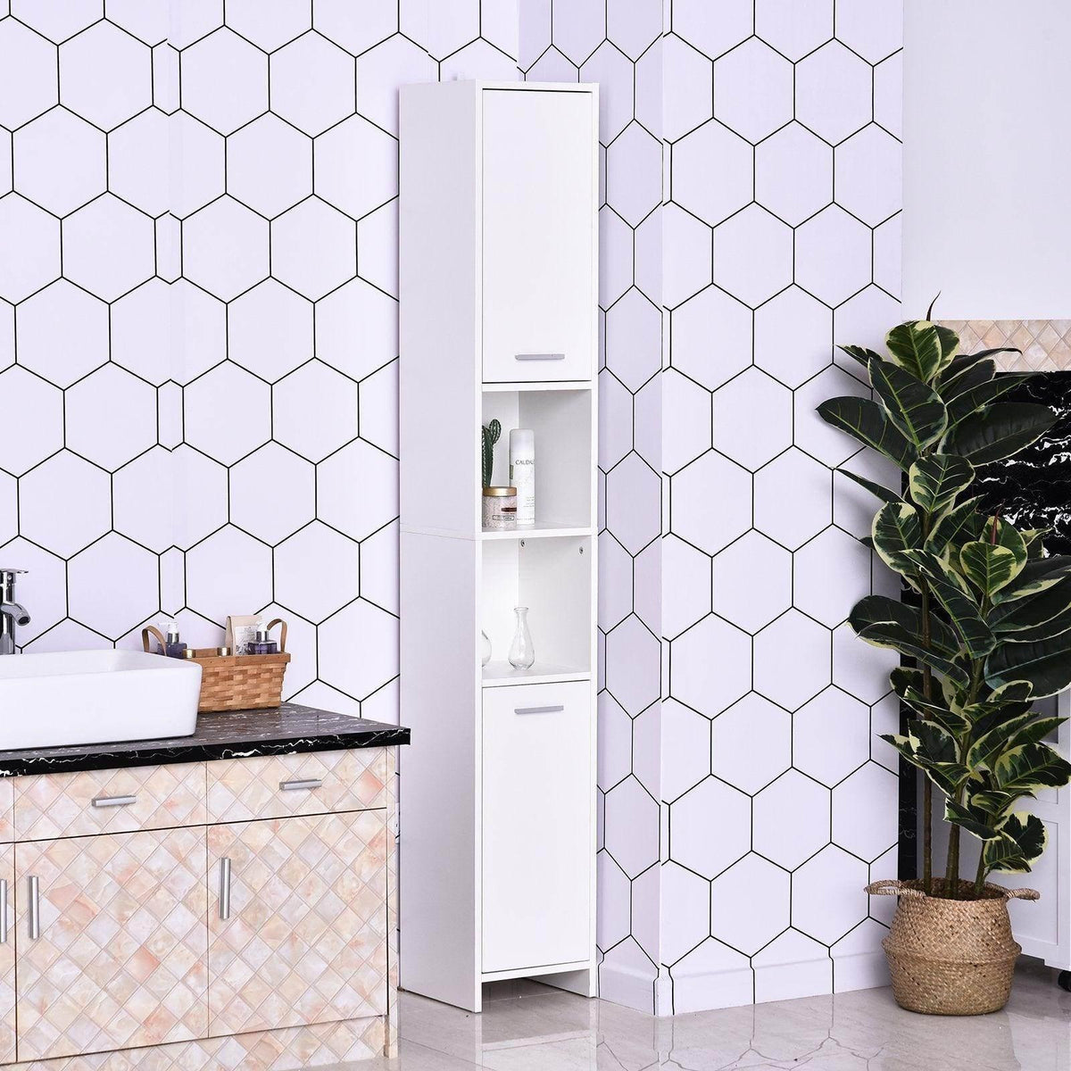 White tall bathroom storage cabinet with vertical doors and internal shelves
