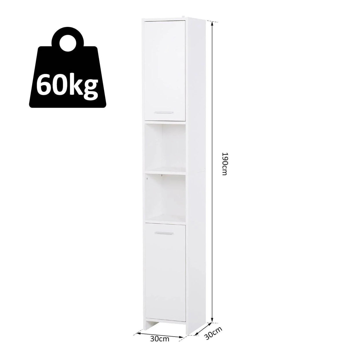 White freestanding tall cabinet with stacked interior shelves and two doors