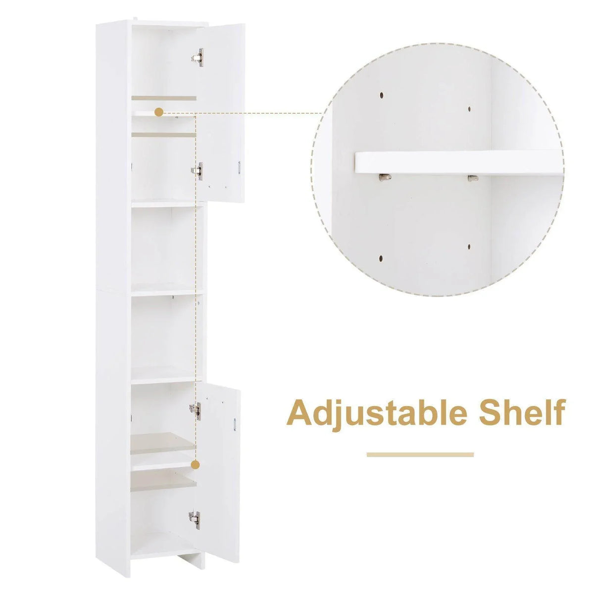 White storage cabinet with open side showing adjustable interior shelves