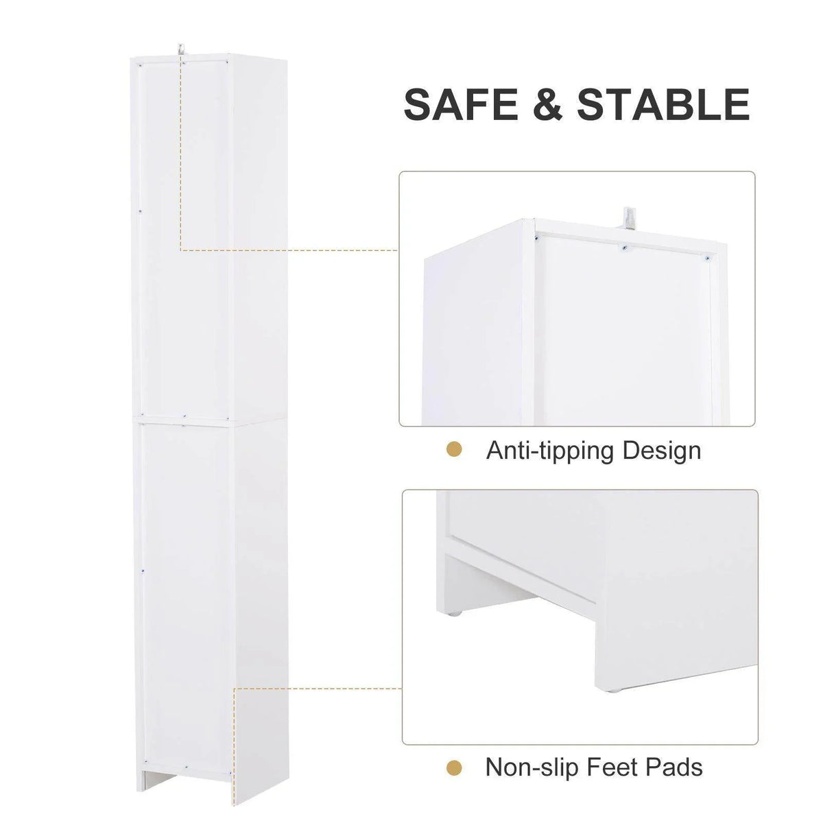 White cabinet design with anti-tipping support and non-slip foot pads