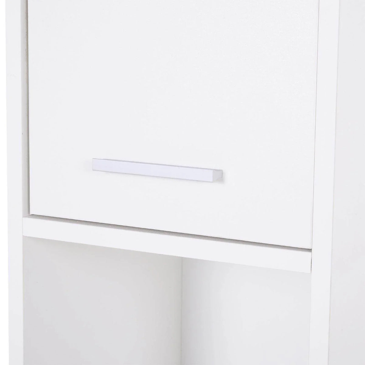 White cabinet door with long bar pull handle