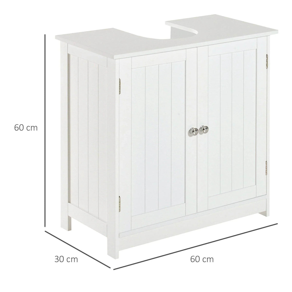 White vanity storage cabinet with front double doors and U-shaped sink-pipe cutout