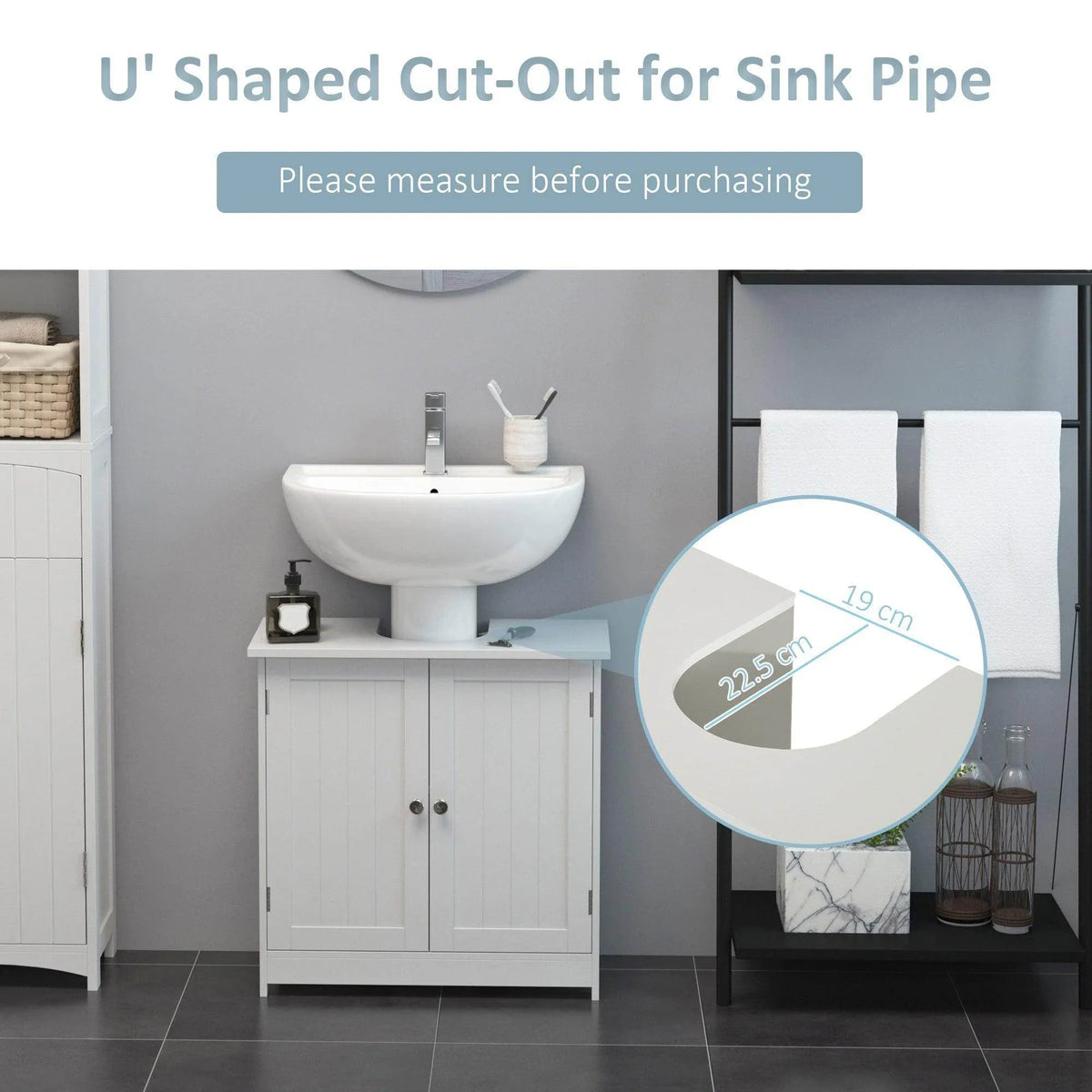 White under-sink cabinet featuring a U-shaped cut-out for the sink drain pipe
