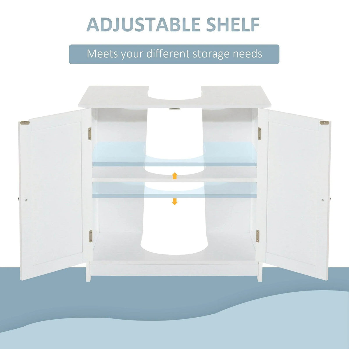 White under-sink cabinet with adjustable interior shelf behind double doors