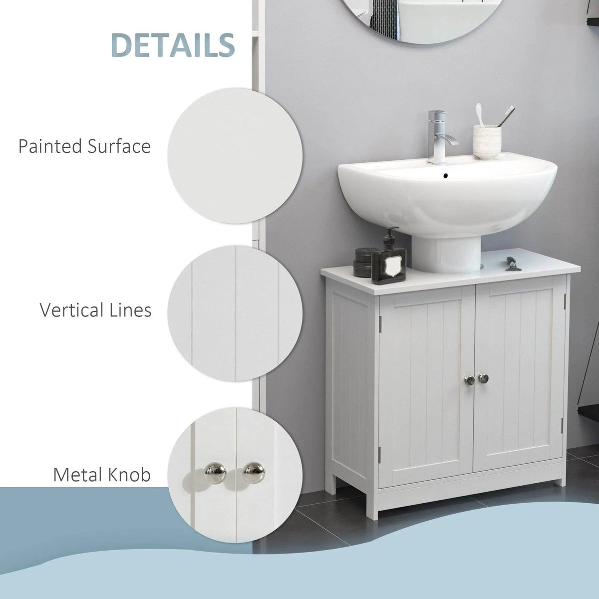 White cabinet with vertical panel doors and metal knob pulls