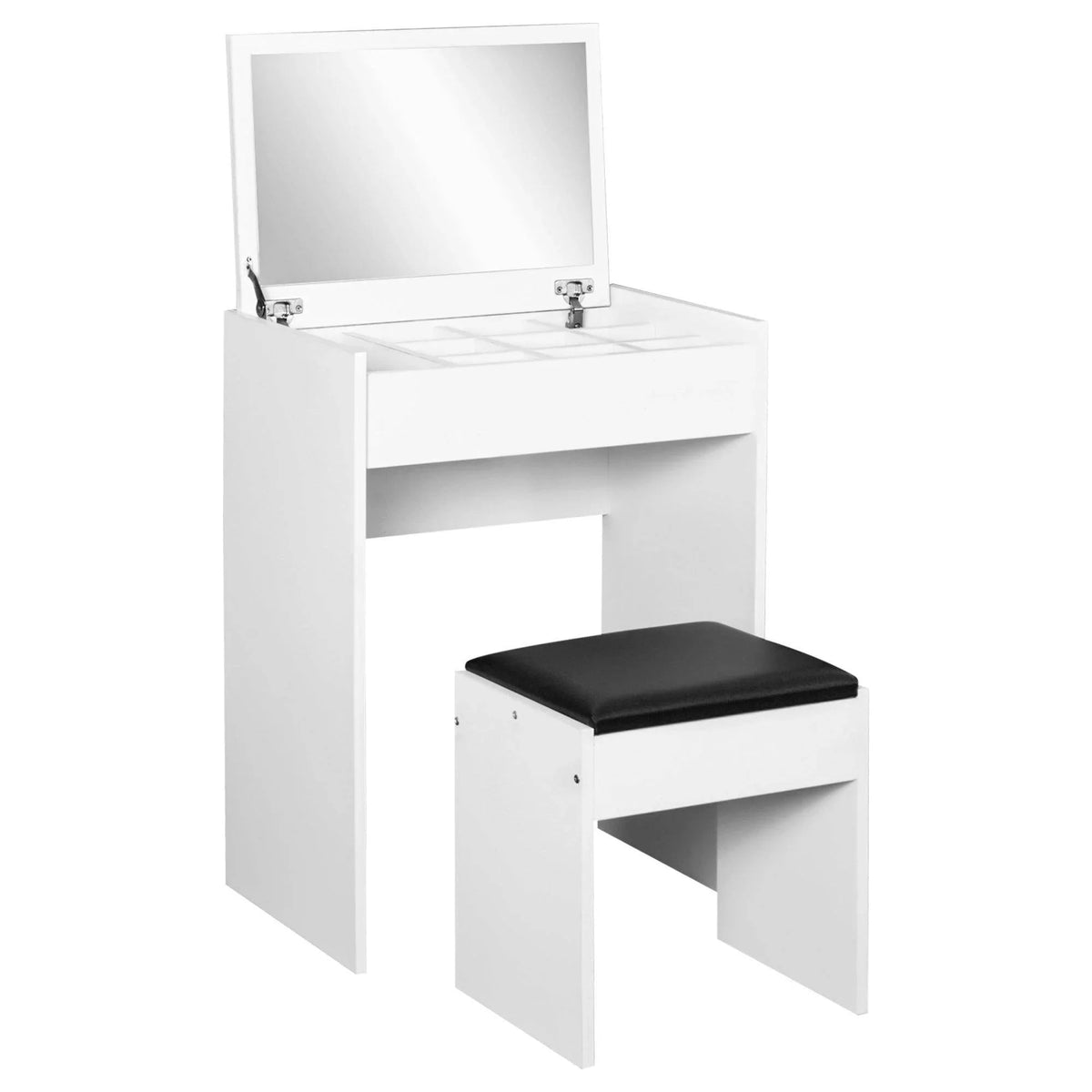 White vanity desk with flip-up mirror and black cushioned stool