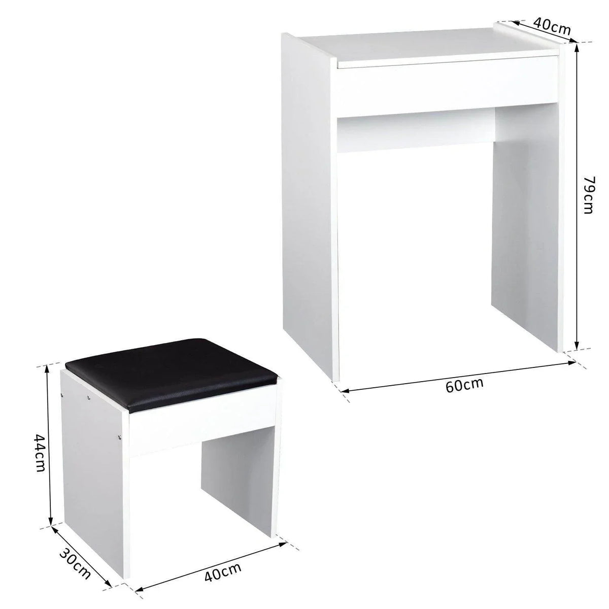 White vanity dresser with mirror and black cushioned stool, full view