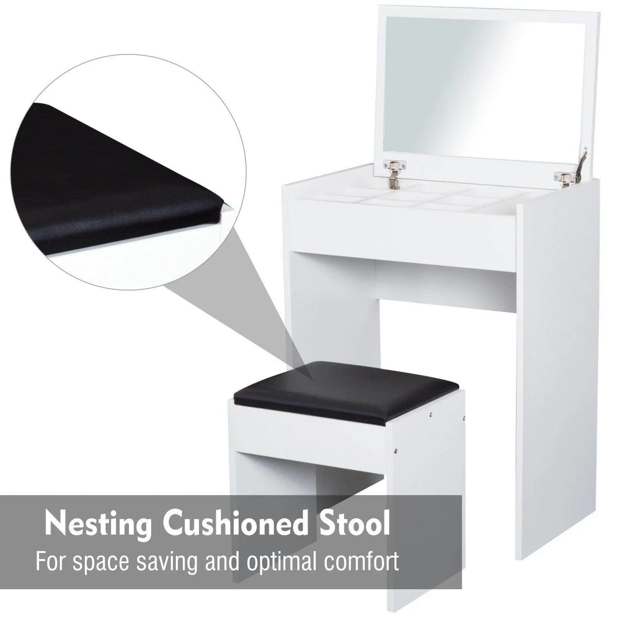 White vanity set with flip-up mirror and black cushioned stool close-up
