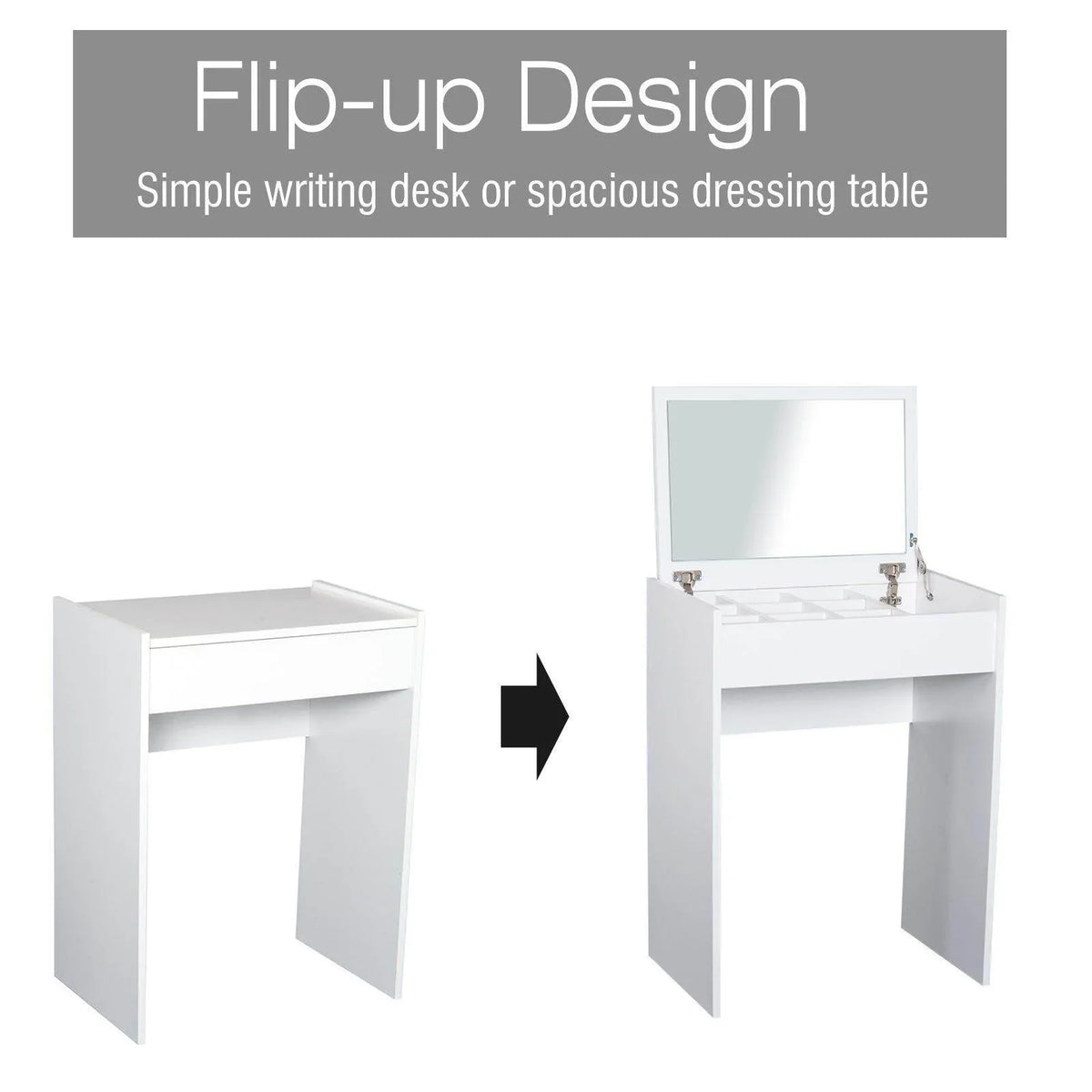 White vanity dresser with flip-up mirror shown open