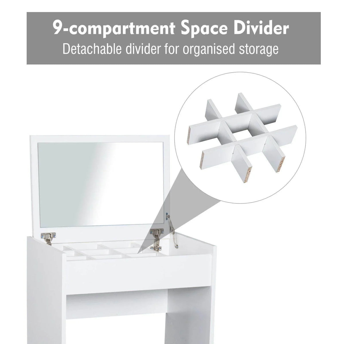 White vanity mirror cabinet with detachable 9-slot storage divider