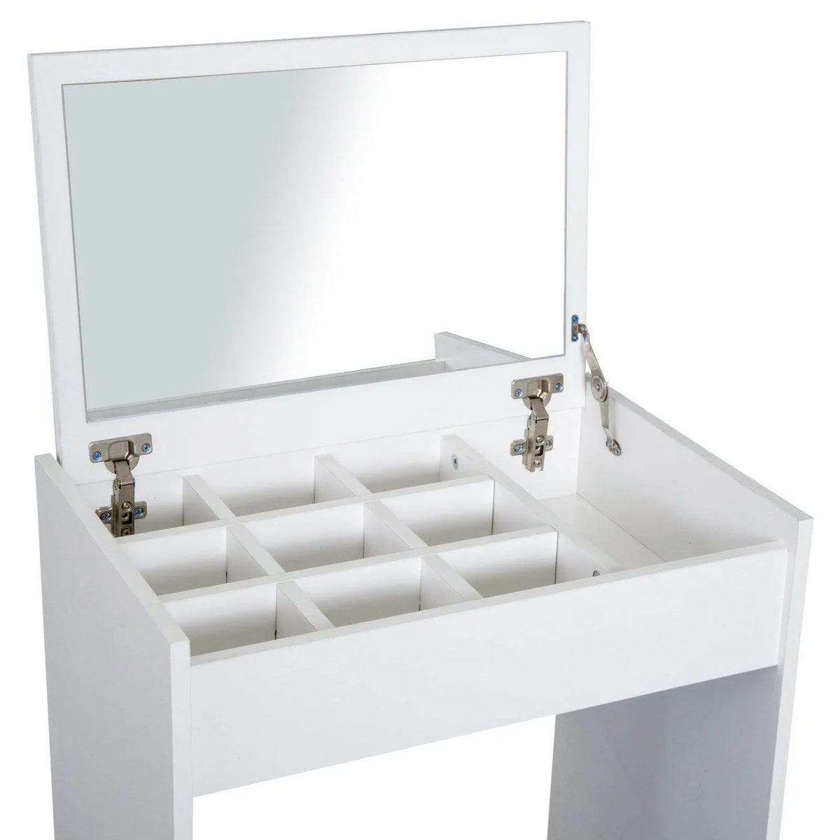 White vanity cabinet with flip-up mirror and partitioned interior storage