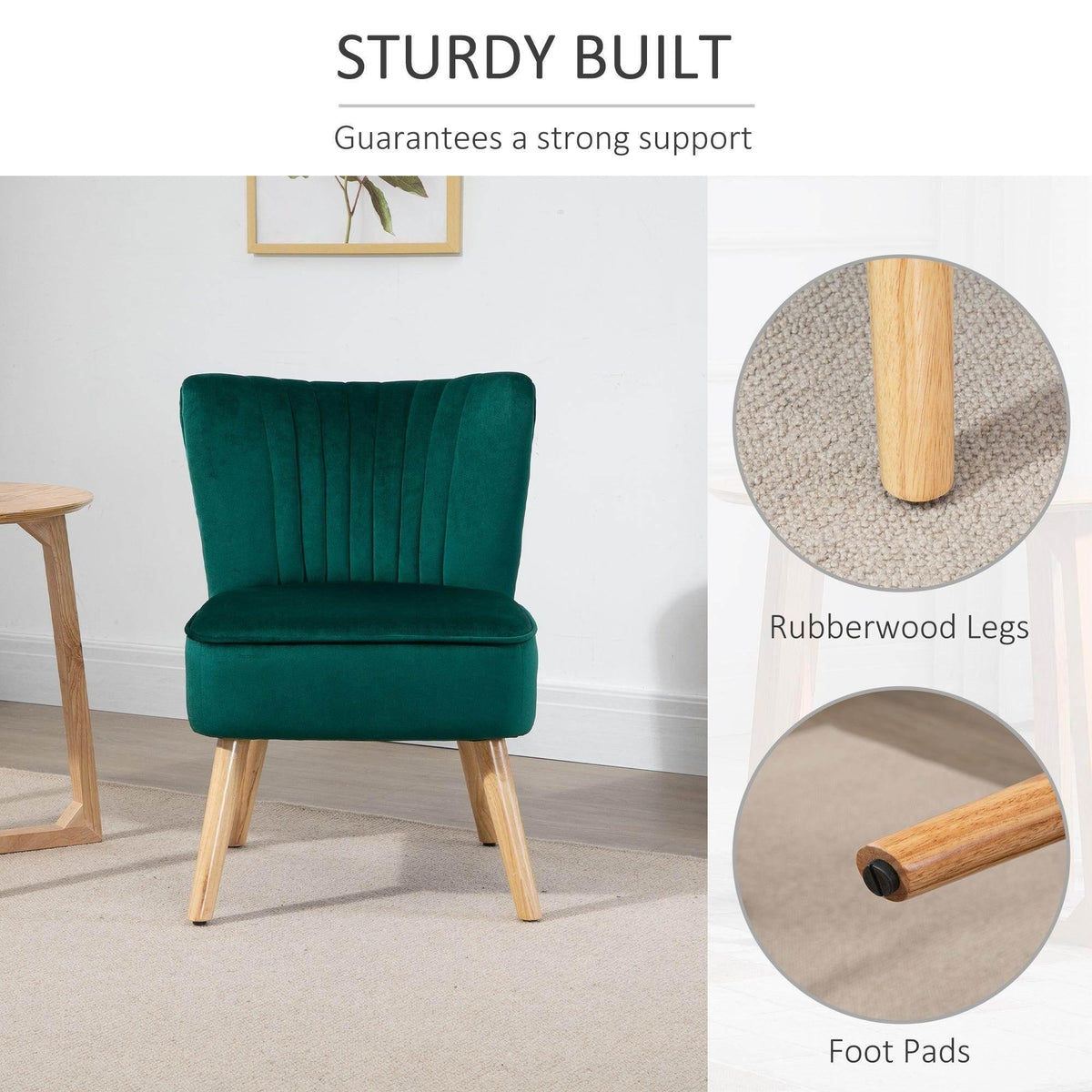 Green velvet tub chair showing rubberwood legs and floor-protecting foot pads