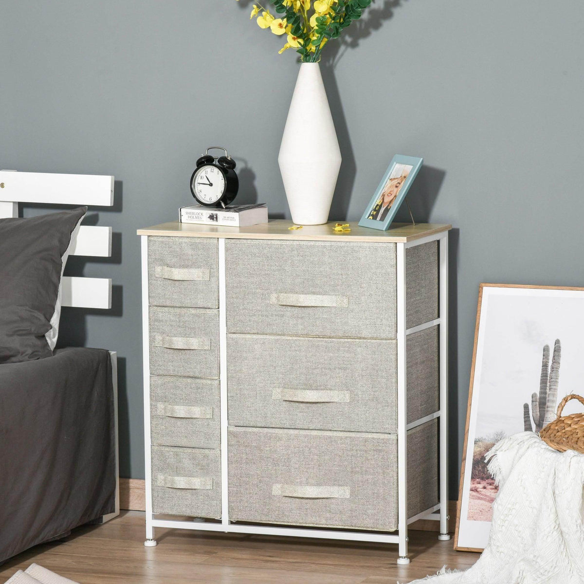 Vertical linen drawer cabinet with metal frame, 7 gray fabric drawers and beige handles