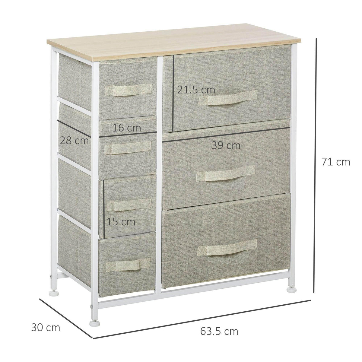 Vertical linen drawer cabinet on metal legs with 7 gray drawers; size marks visible