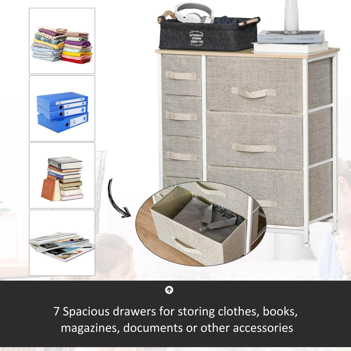 Vertical linen drawer cabinet with 7 drawers; one drawer open showing stored items