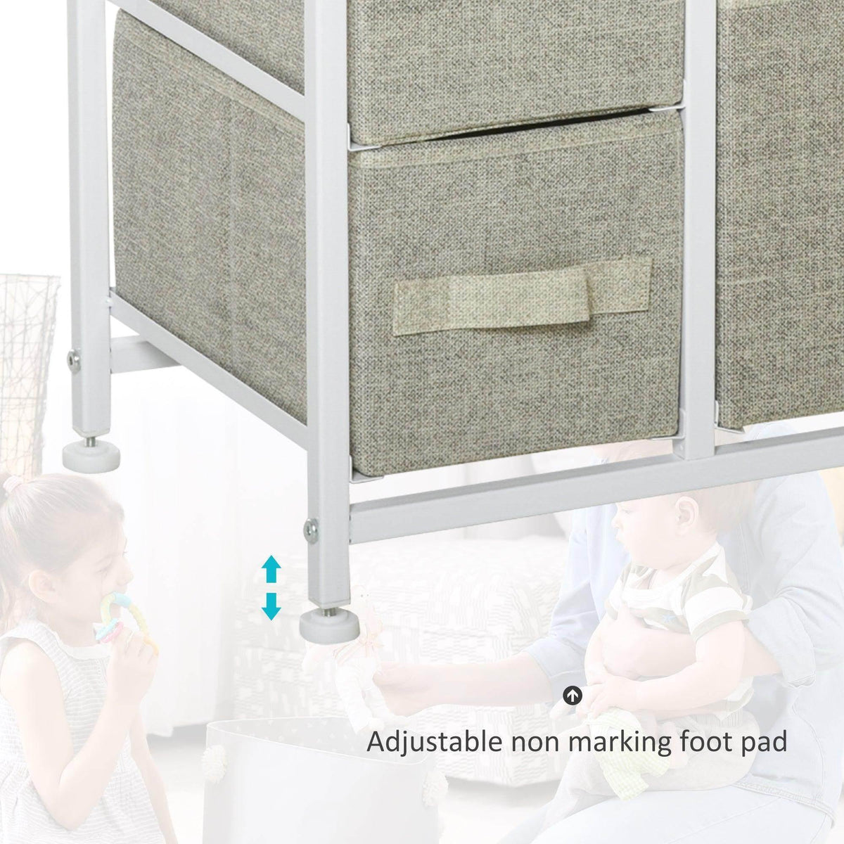 Vertical linen drawer cabinet showing lower drawer fronts and adjustable non-marking feet