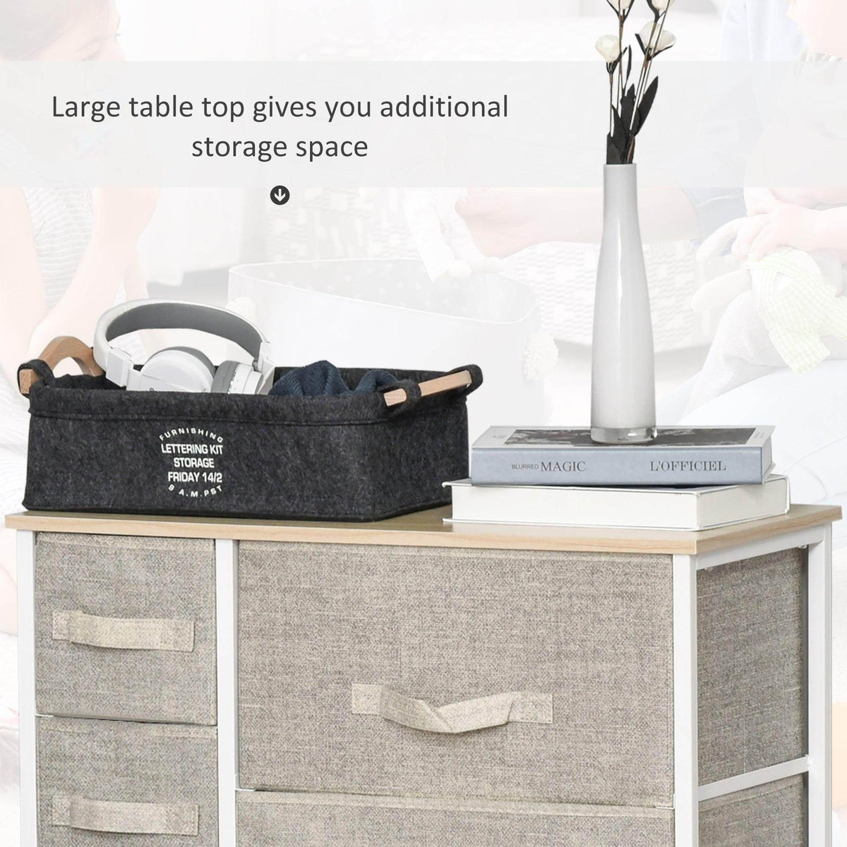 Vertical linen drawer cabinet with metal frame and flat top surface above 7 drawers