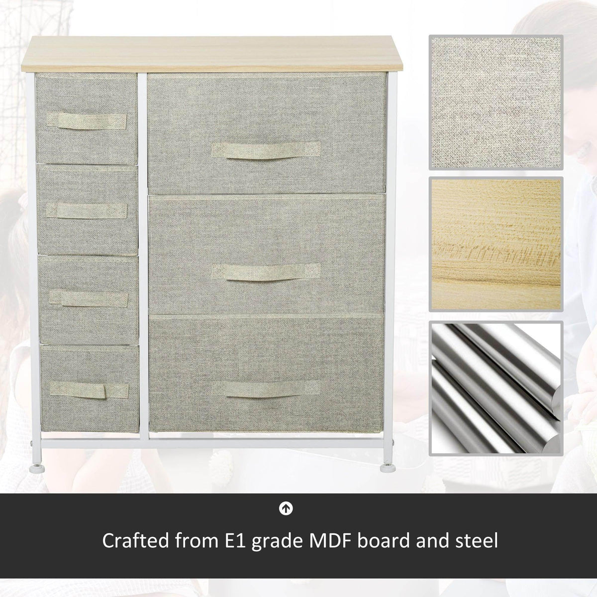 Vertical linen drawer cabinet with metal legs and 7 drawers; fabric texture and specs shown