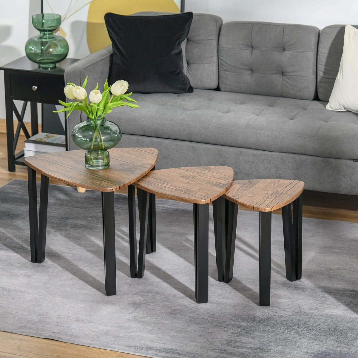 HOMCOM walnut nesting coffee table set: three rounded tops, black steel legs