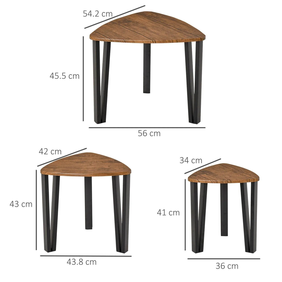 Three-piece nesting coffee tables with walnut-tone rounded tops and black legs